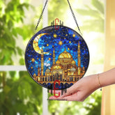 Islamic Mosque Stained Glass Suncatcher Crescent Moon Ramadan Decor Starry Night Window Hanging Eid Gift for Muslim Home